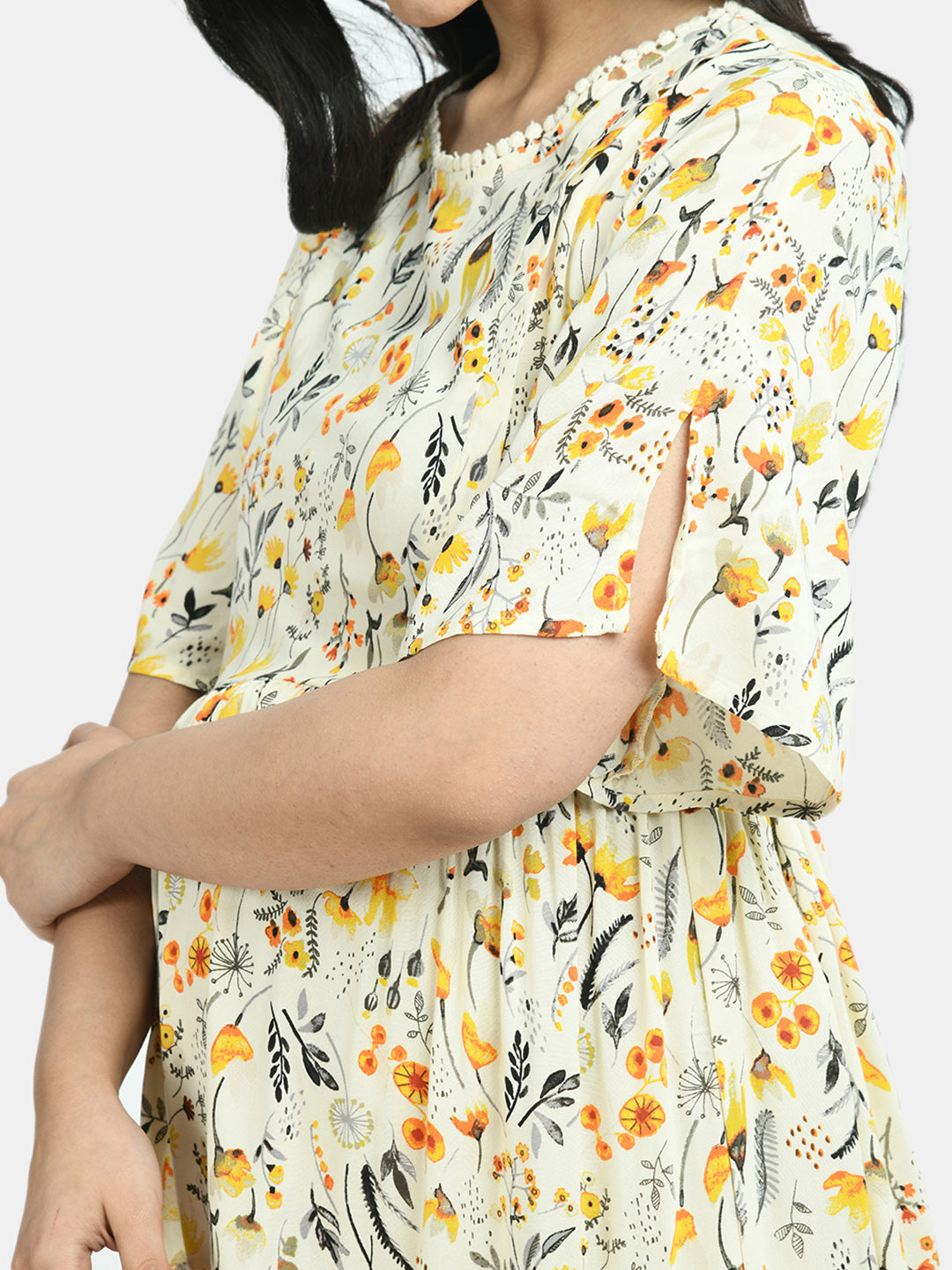 Women Beige & Yellow Floral Printed Maternity A-Line Dress