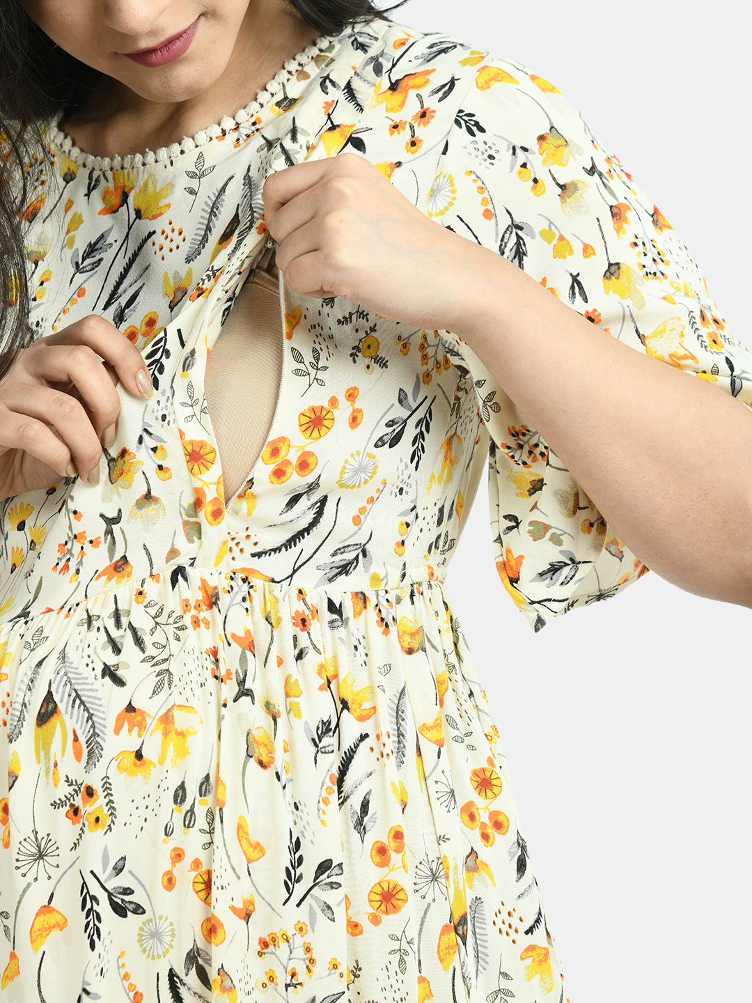 Women Beige & Yellow Floral Printed Maternity A-Line Dress