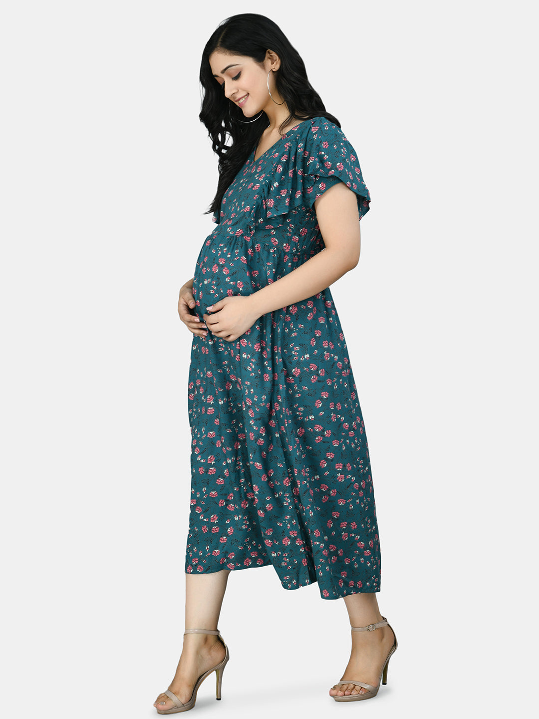 Blue Floral Maternity Midi Dress
