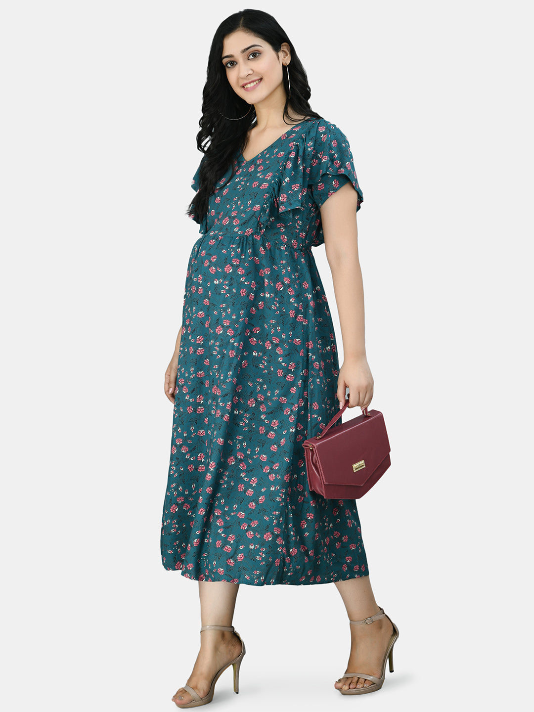Blue Floral Maternity Midi Dress