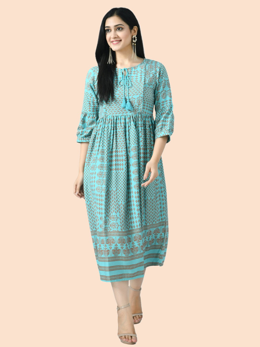 Sea Green Ethnic Motifs A-Line Maternity Midi Dress