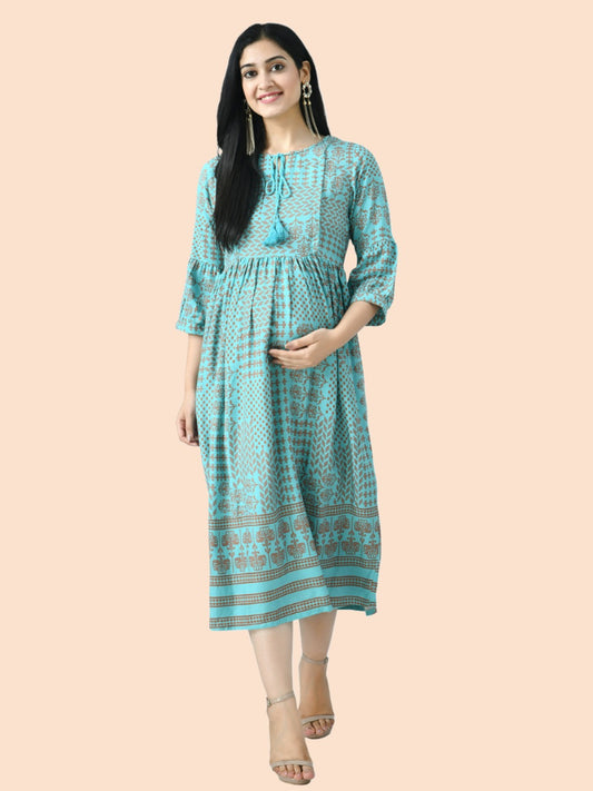 Sea Green Ethnic Motifs A-Line Maternity Midi Dress