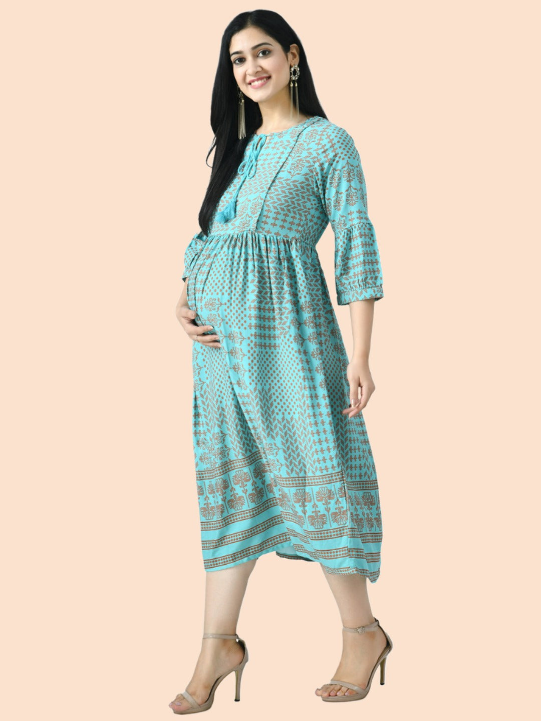 Sea Green Ethnic Motifs A-Line Maternity Midi Dress