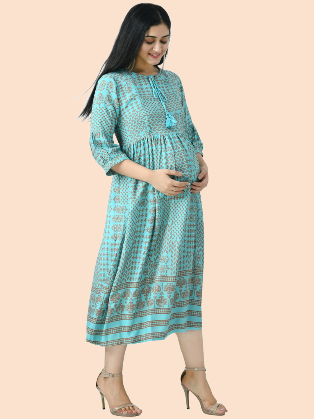 Sea Green Ethnic Motifs A-Line Maternity Midi Dress