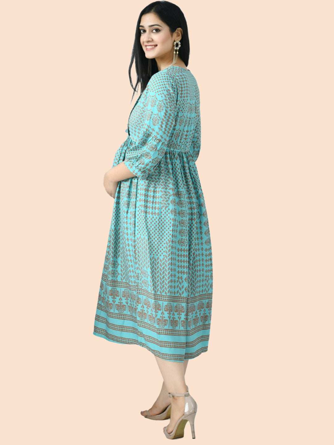 Sea Green Ethnic Motifs A-Line Maternity Midi Dress