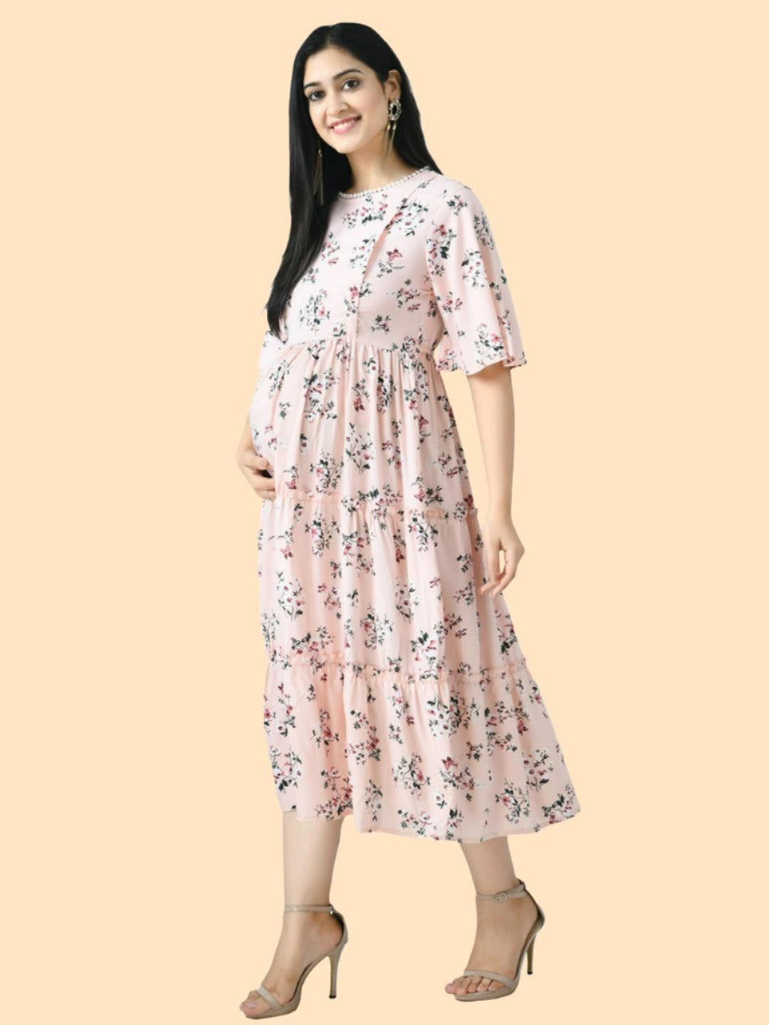 Peach-Coloured Floral Printed Maternity Midi Dress