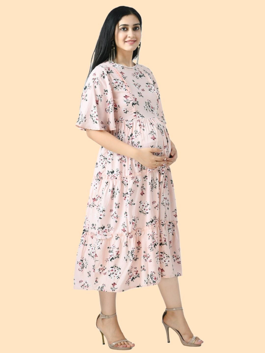 Peach-Coloured Floral Printed Maternity Midi Dress