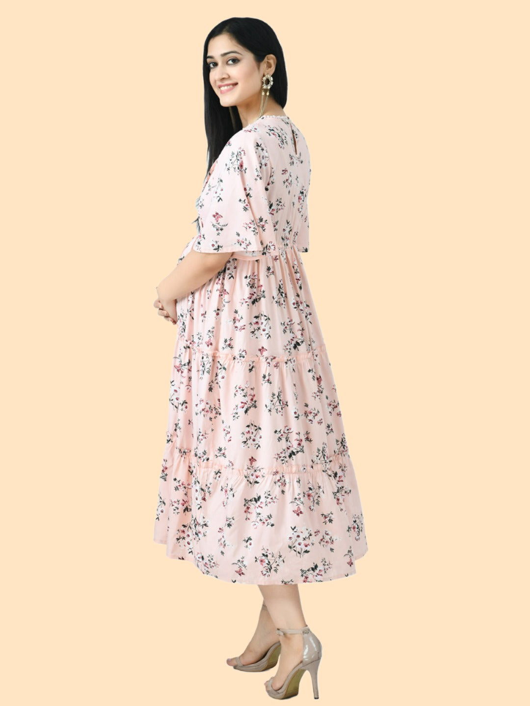 Peach-Coloured Floral Printed Maternity Midi Dress