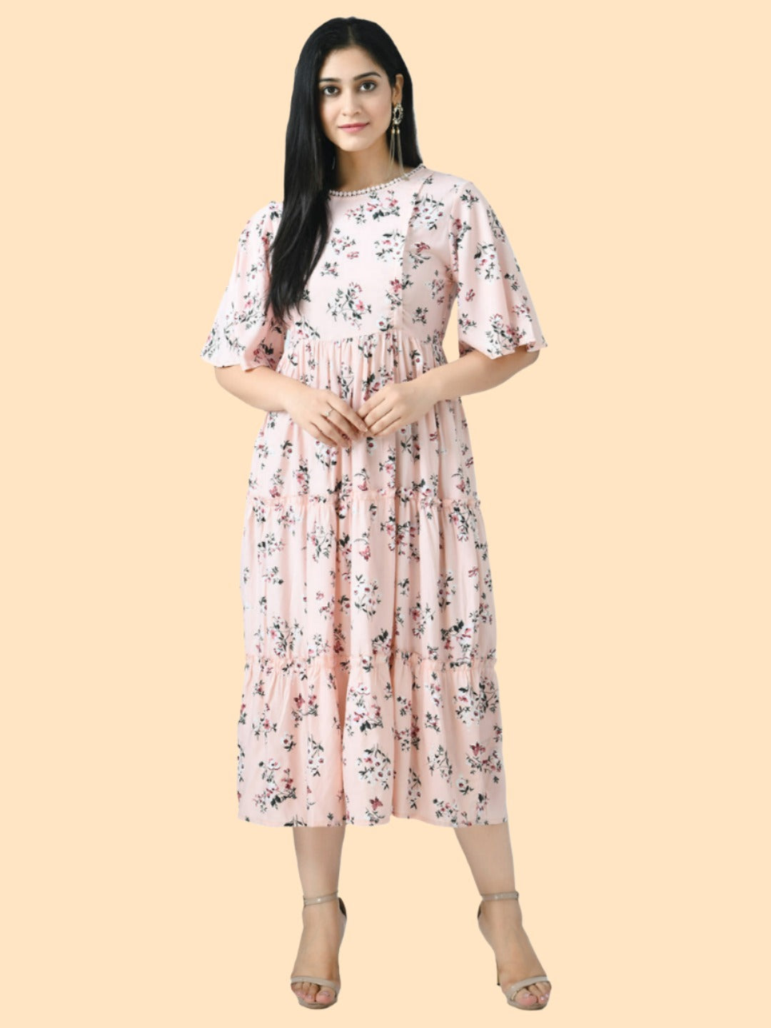 Peach-Coloured Floral Printed Maternity Midi Dress