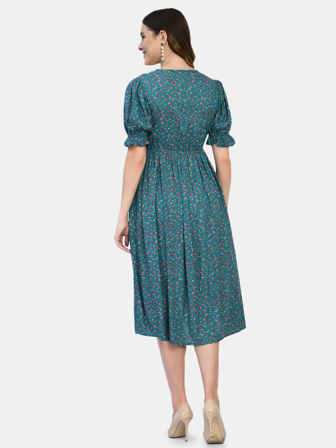 Women Green Floral Maternity Midi Dress