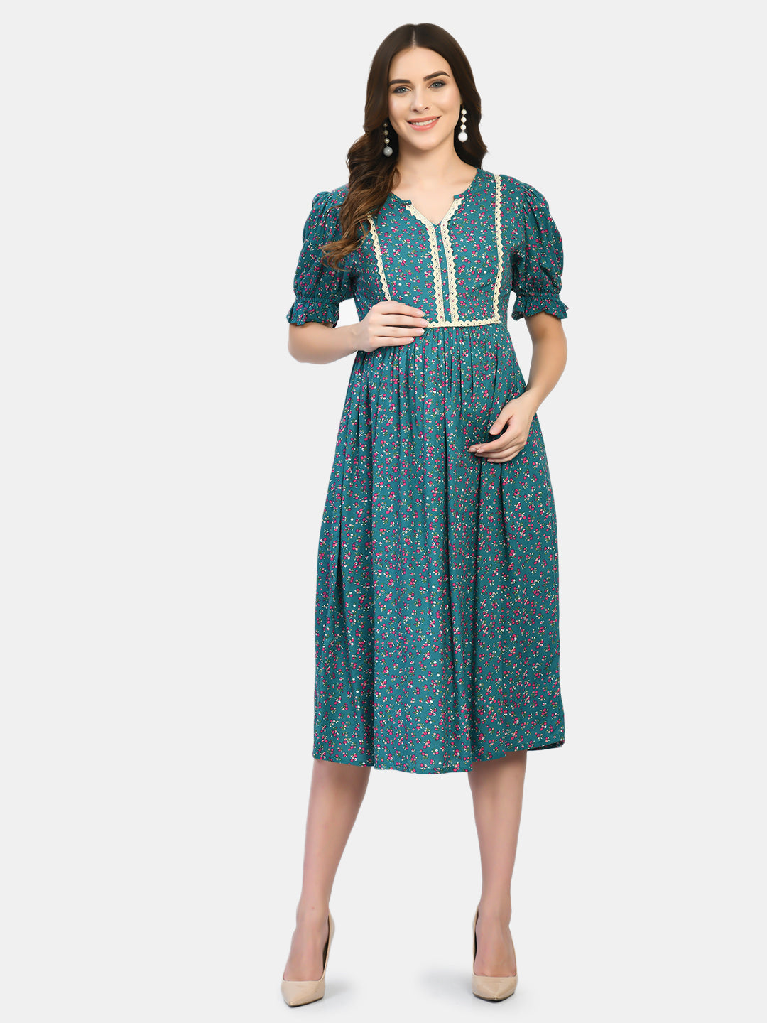 Women Green Floral Maternity Midi Dress