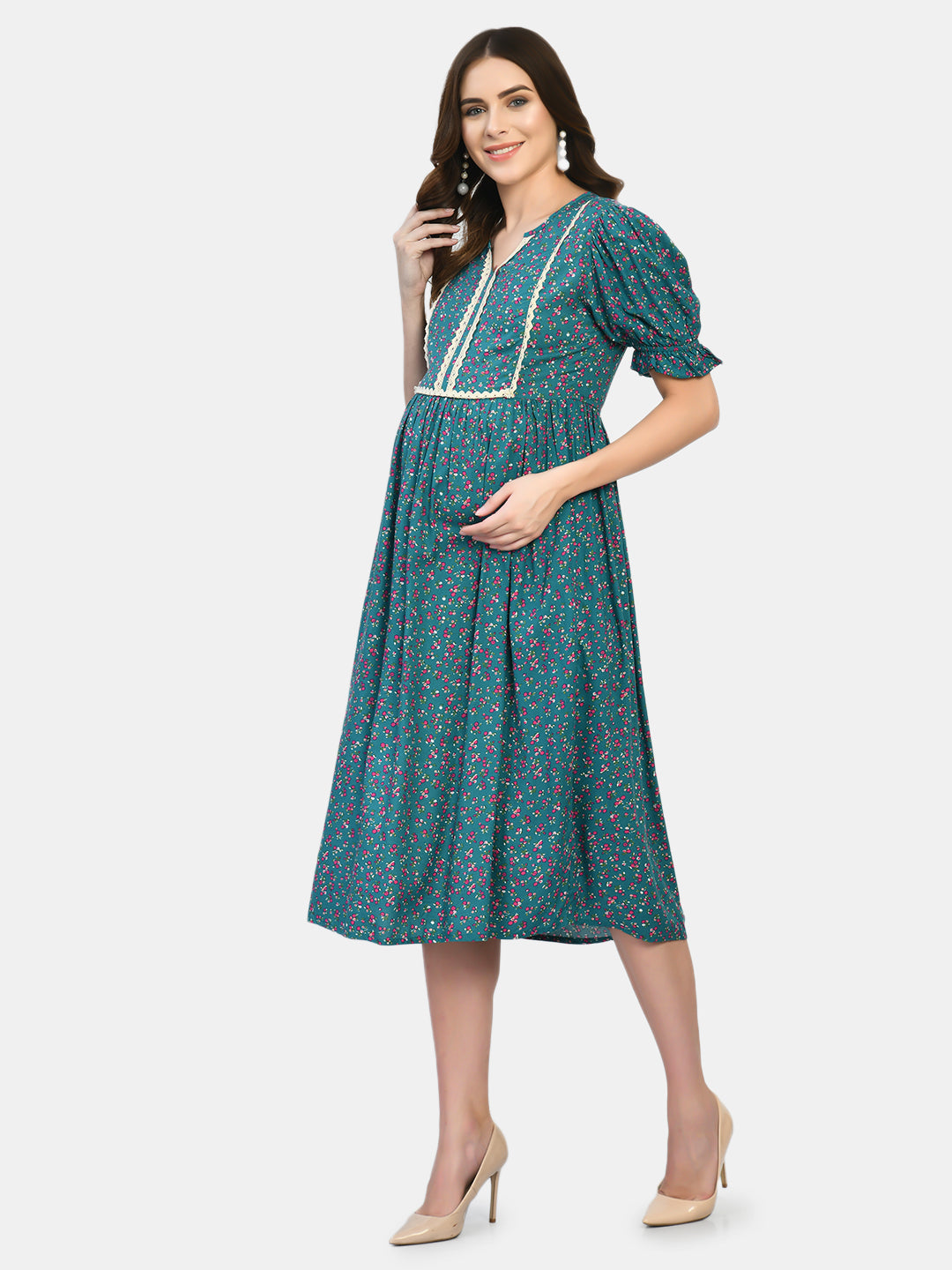 Women Green Floral Maternity Midi Dress