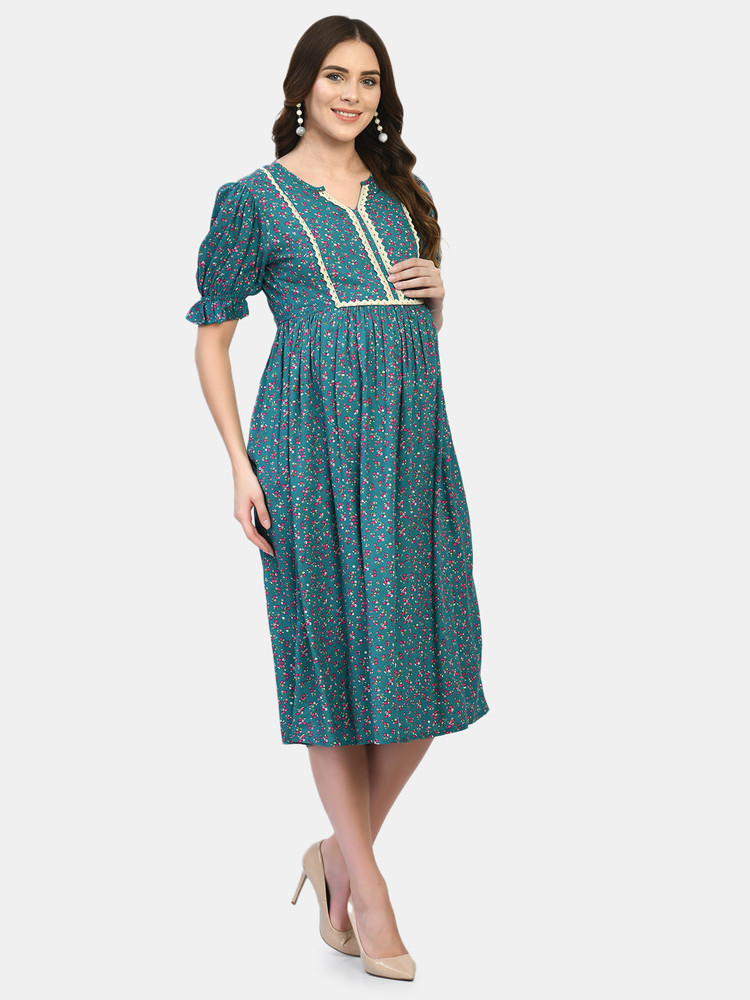 Women Green Floral Maternity Midi Dress