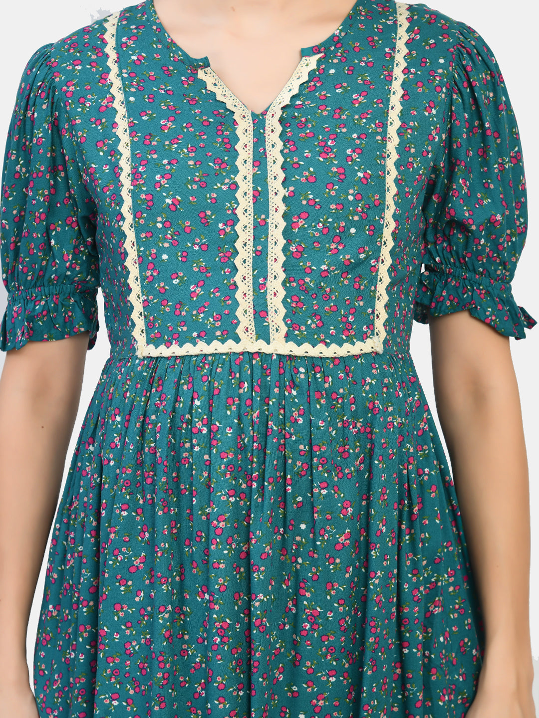 Women Green Floral Maternity Midi Dress