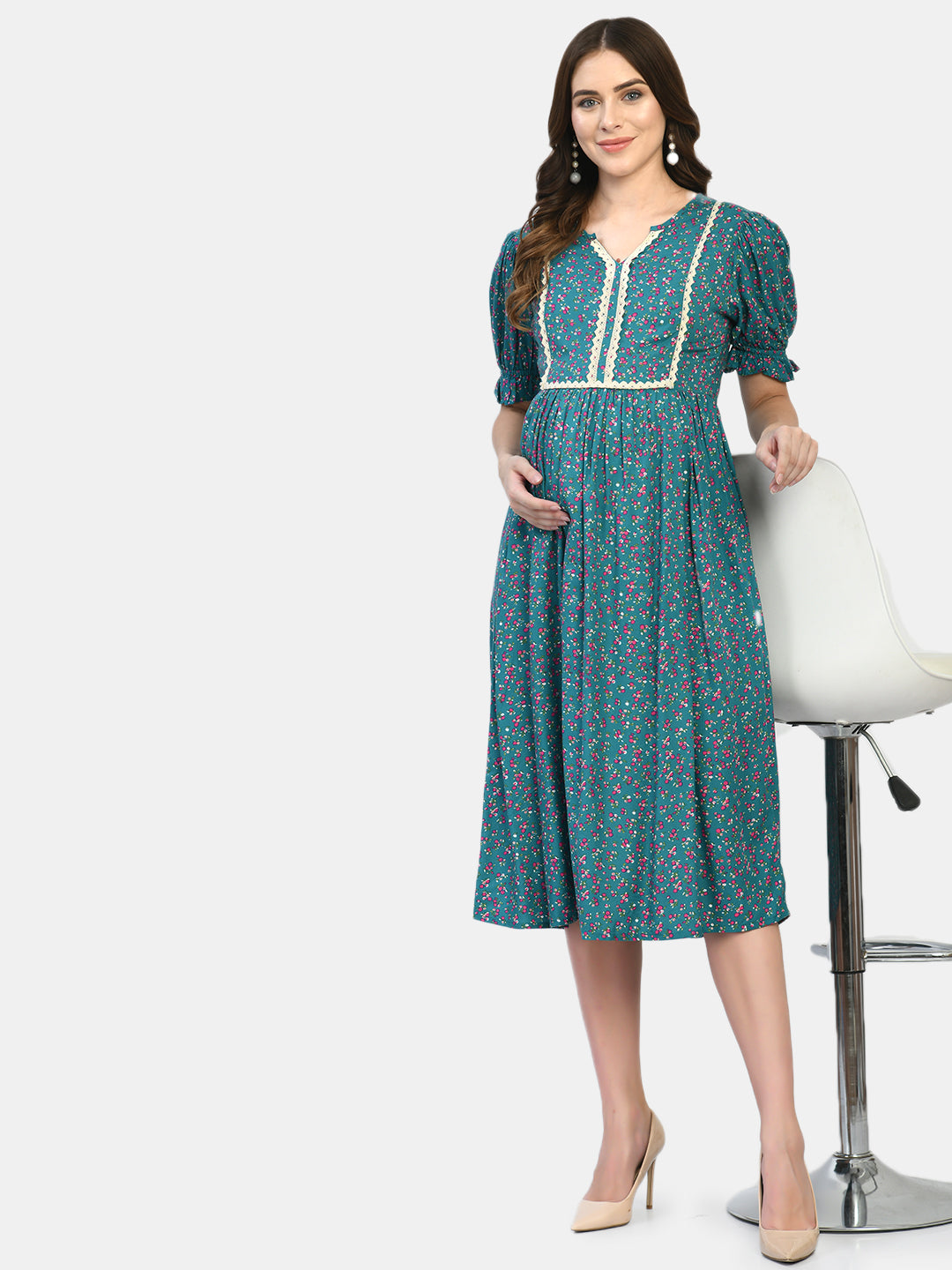 Women Green Floral Maternity Midi Dress