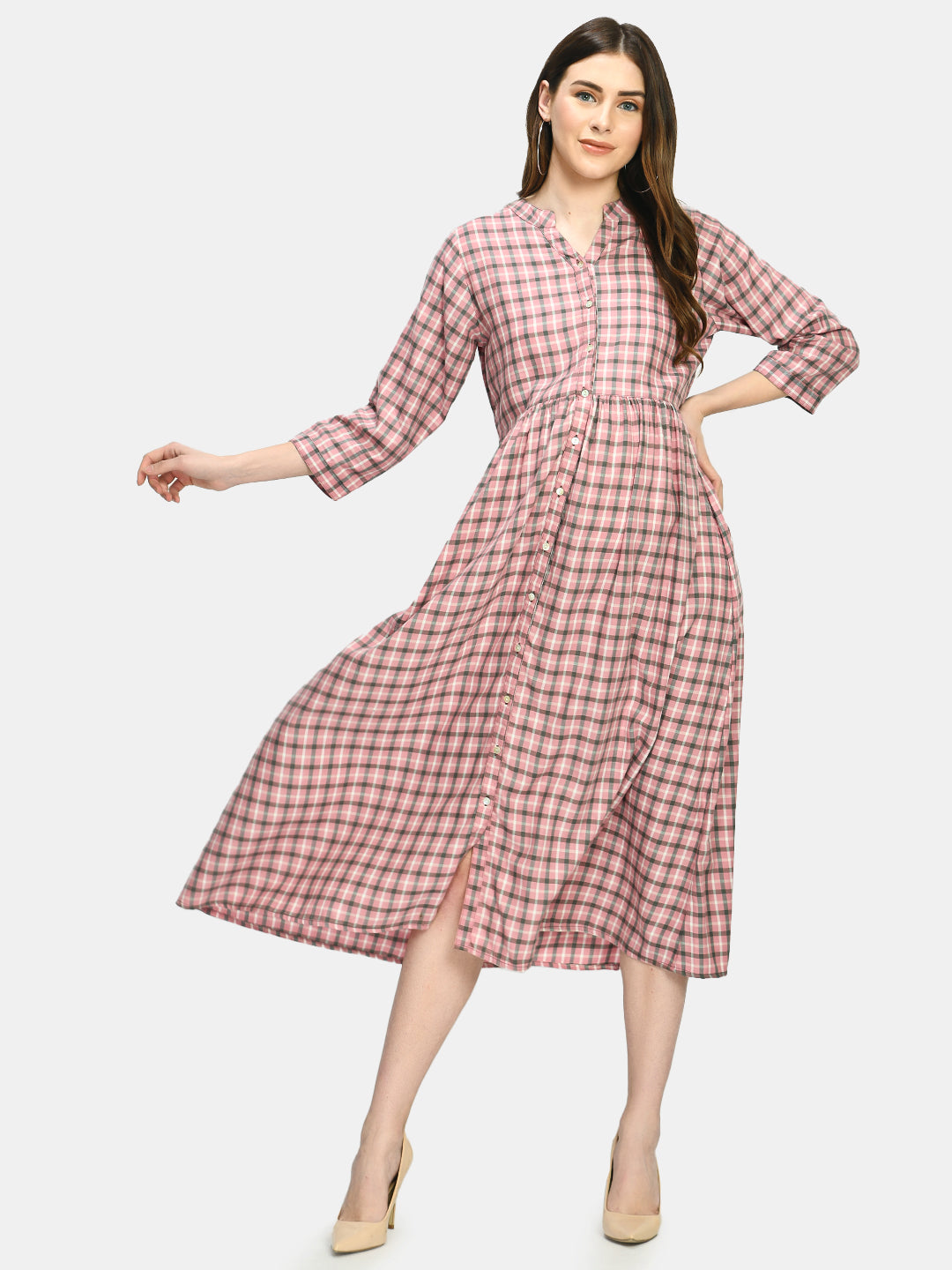 Women Rose & Grey Checked Maternity A-Line Midi Dress