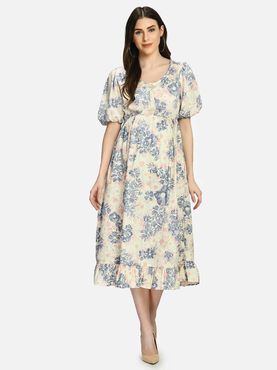White & Blue Floral Printed Maternity Empire Midi Dress