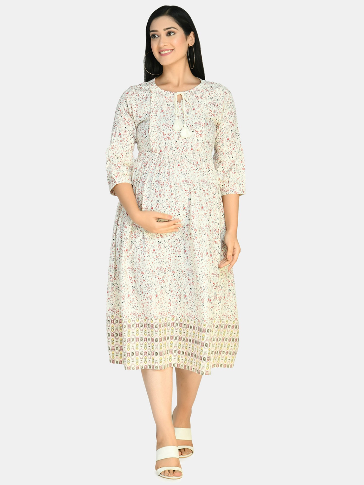 White & Red Floral Tie-Up Neck Maternity Midi Dress