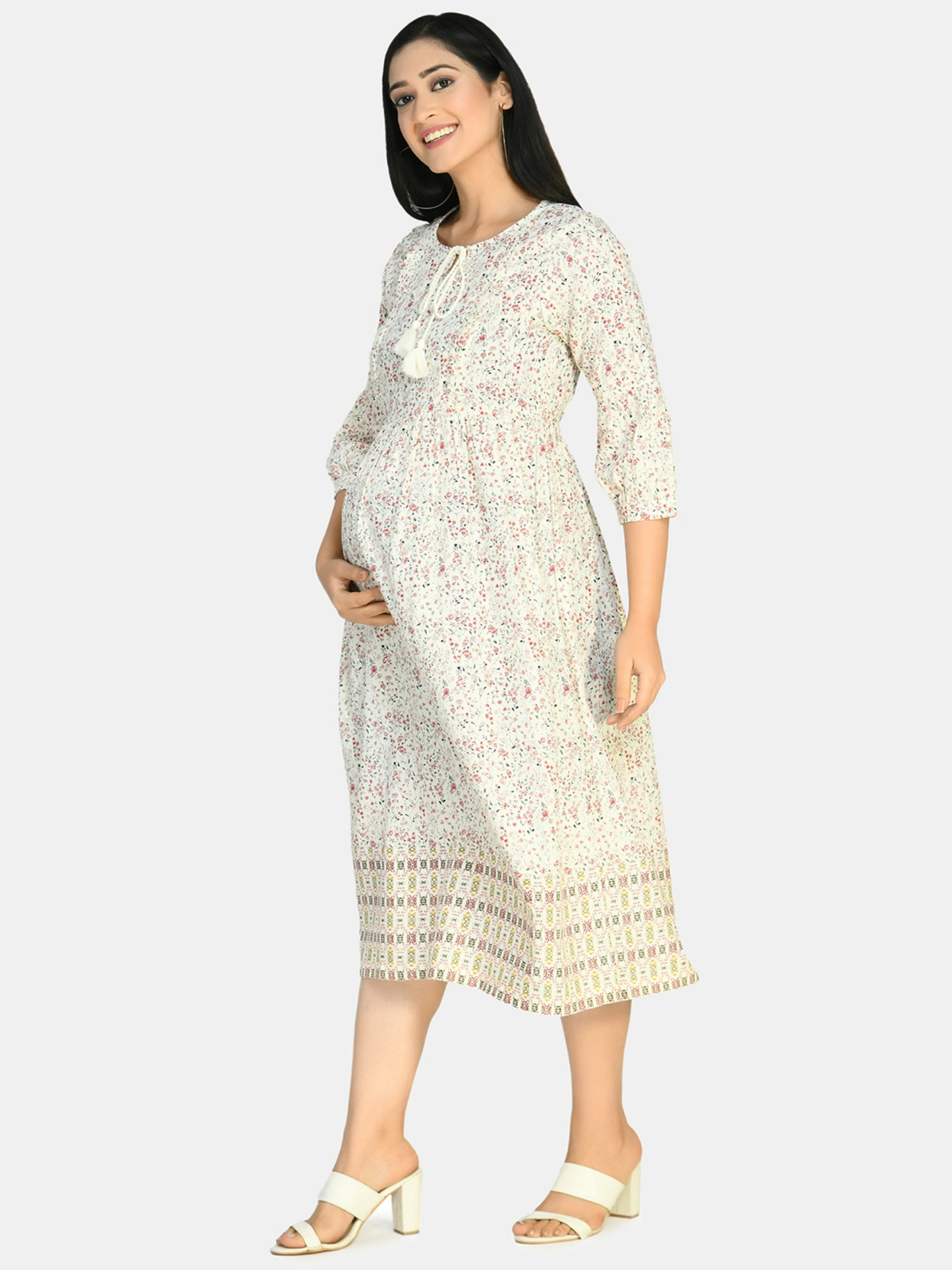 White & Red Floral Tie-Up Neck Maternity Midi Dress