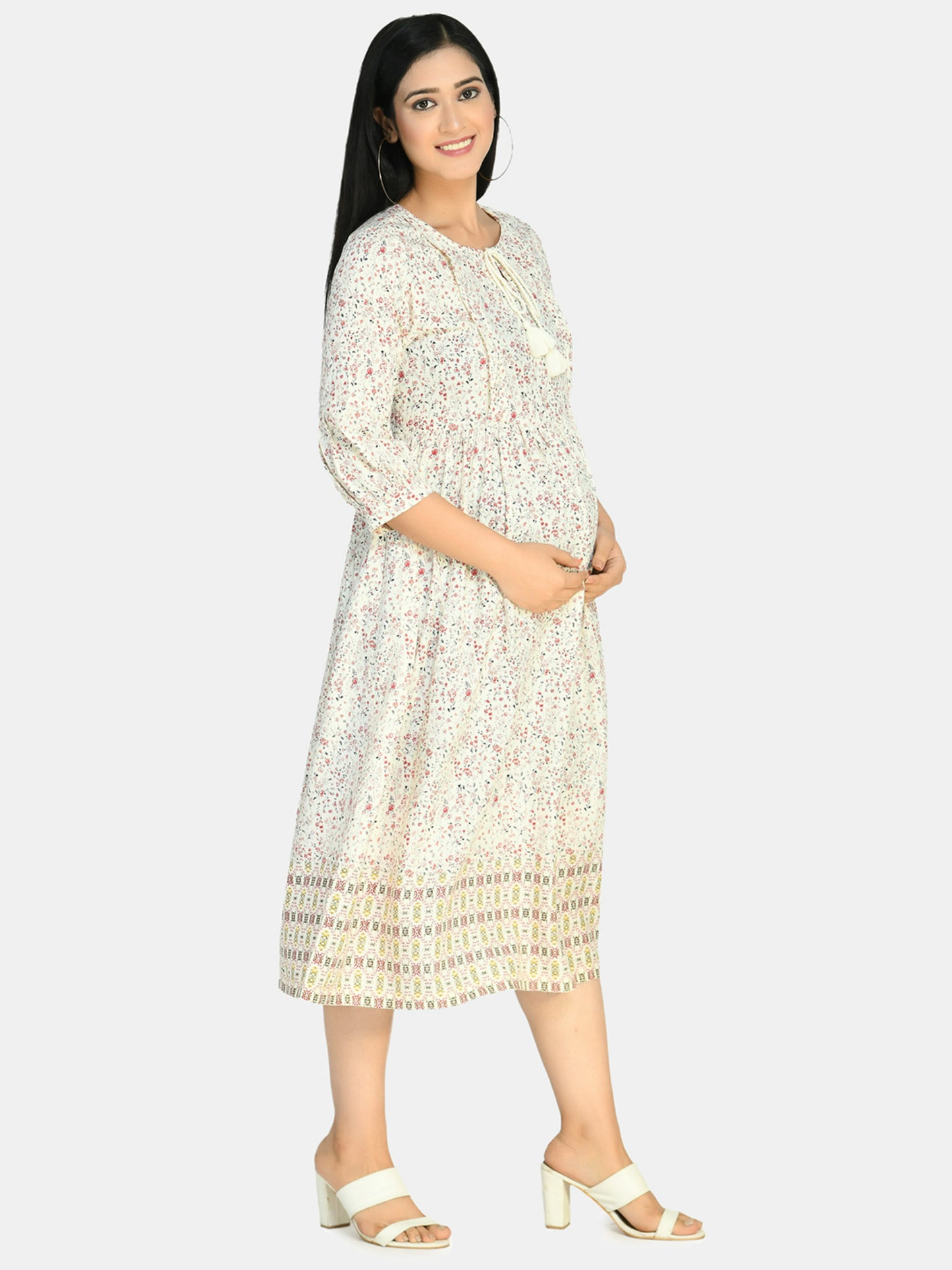 White & Red Floral Tie-Up Neck Maternity Midi Dress