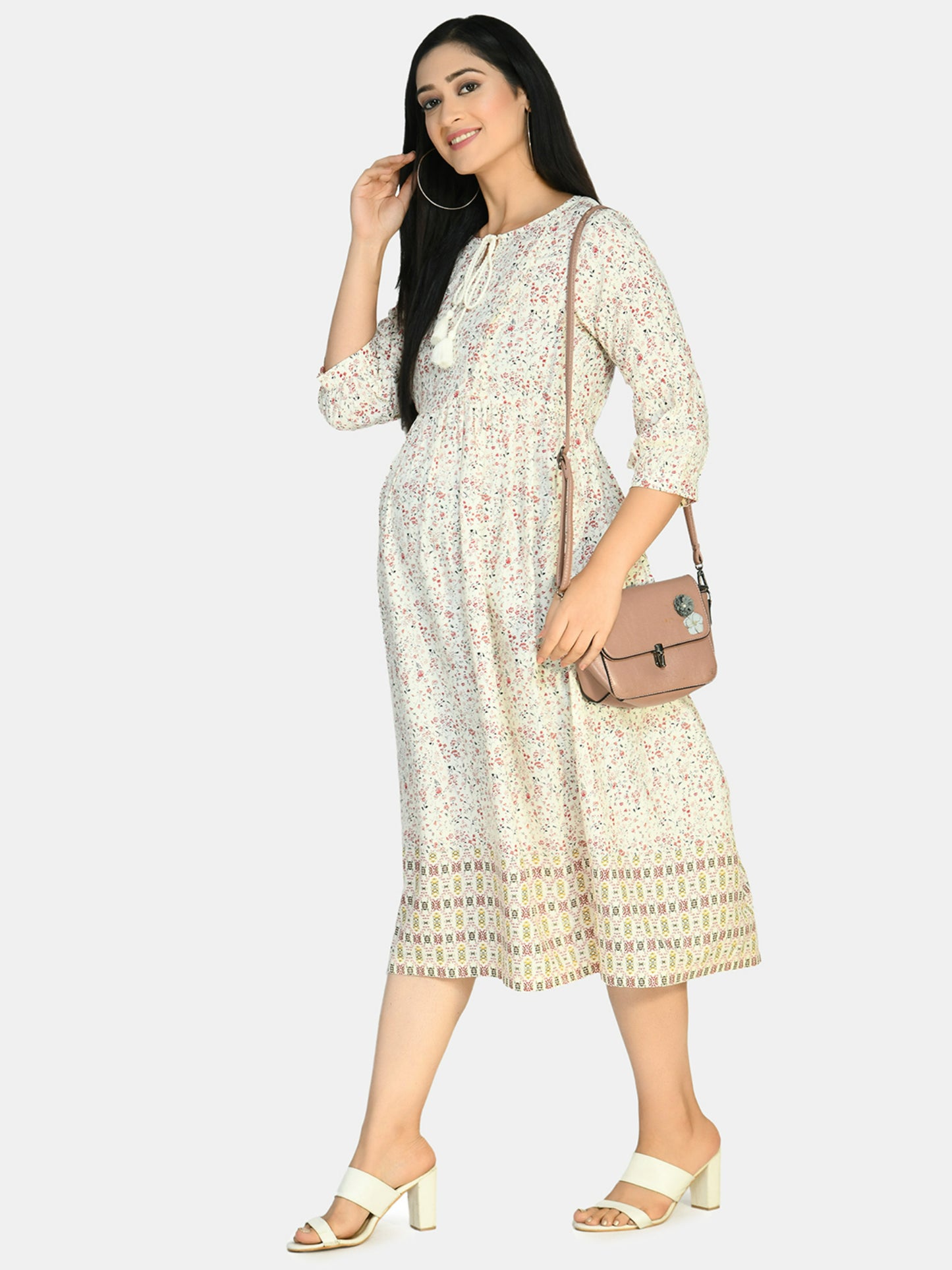 White & Red Floral Tie-Up Neck Maternity Midi Dress