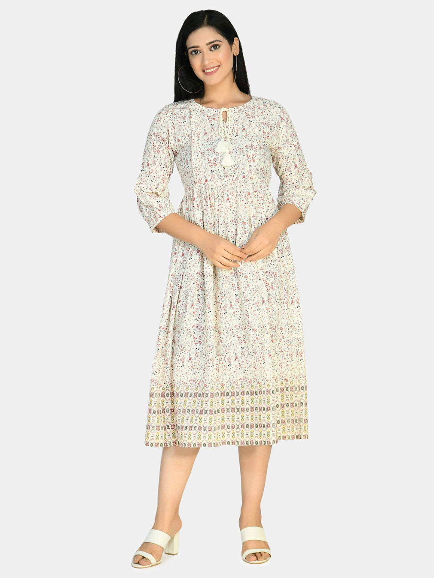 White & Red Floral Tie-Up Neck Maternity Midi Dress