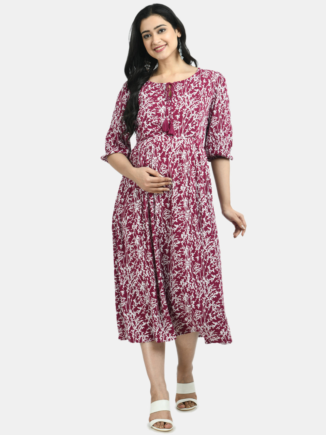 Burgundy Floral Maternity Midi Dress