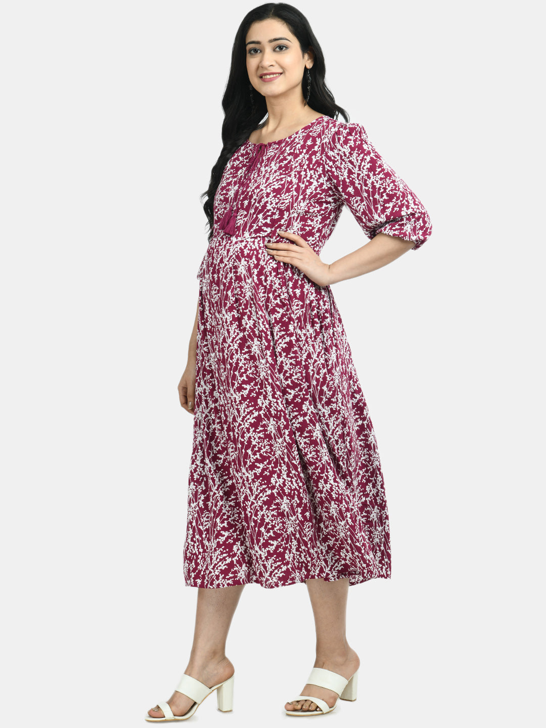 Burgundy Floral Maternity Midi Dress
