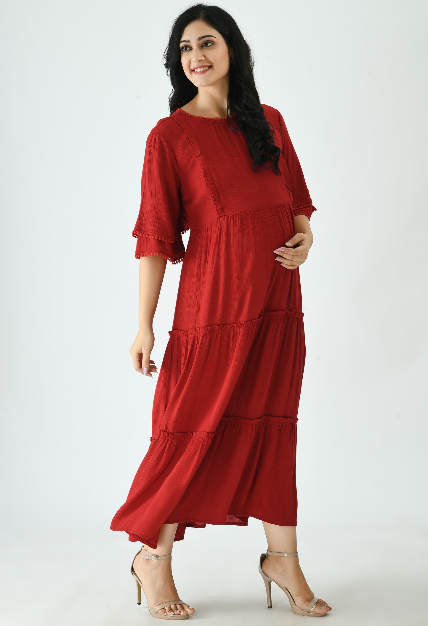 Aaruvi Ruchi Verma Women Red Maternity Tiered Maxi Dress
