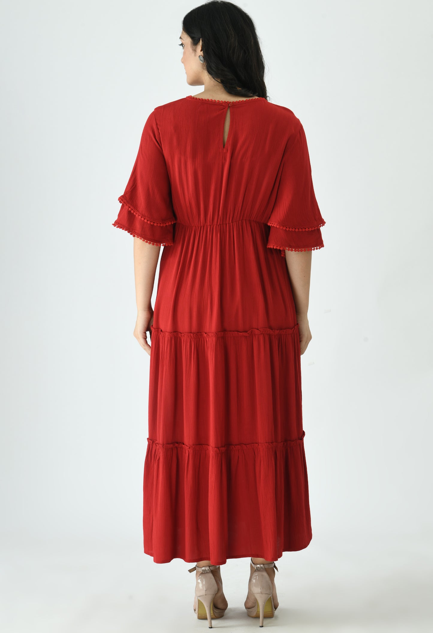 Aaruvi Ruchi Verma Women Red Maternity Tiered Maxi Dress