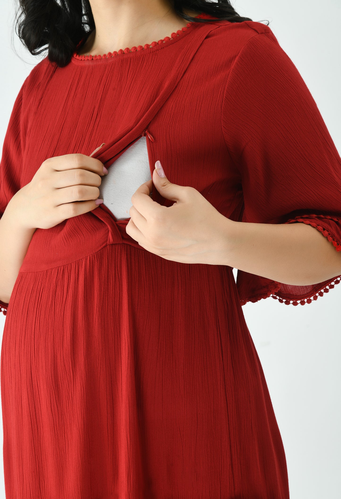 Aaruvi Ruchi Verma Women Red Maternity Tiered Maxi Dress