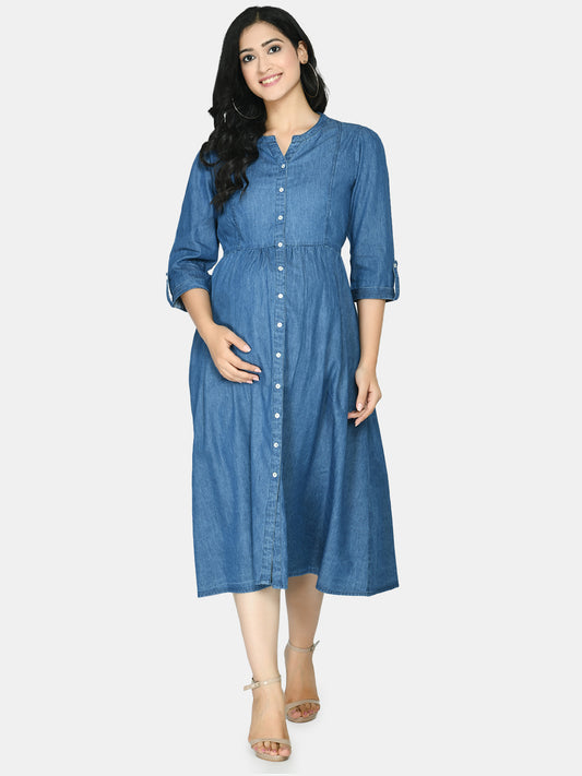 Blue Denim Maternity Shirt Midi Dress