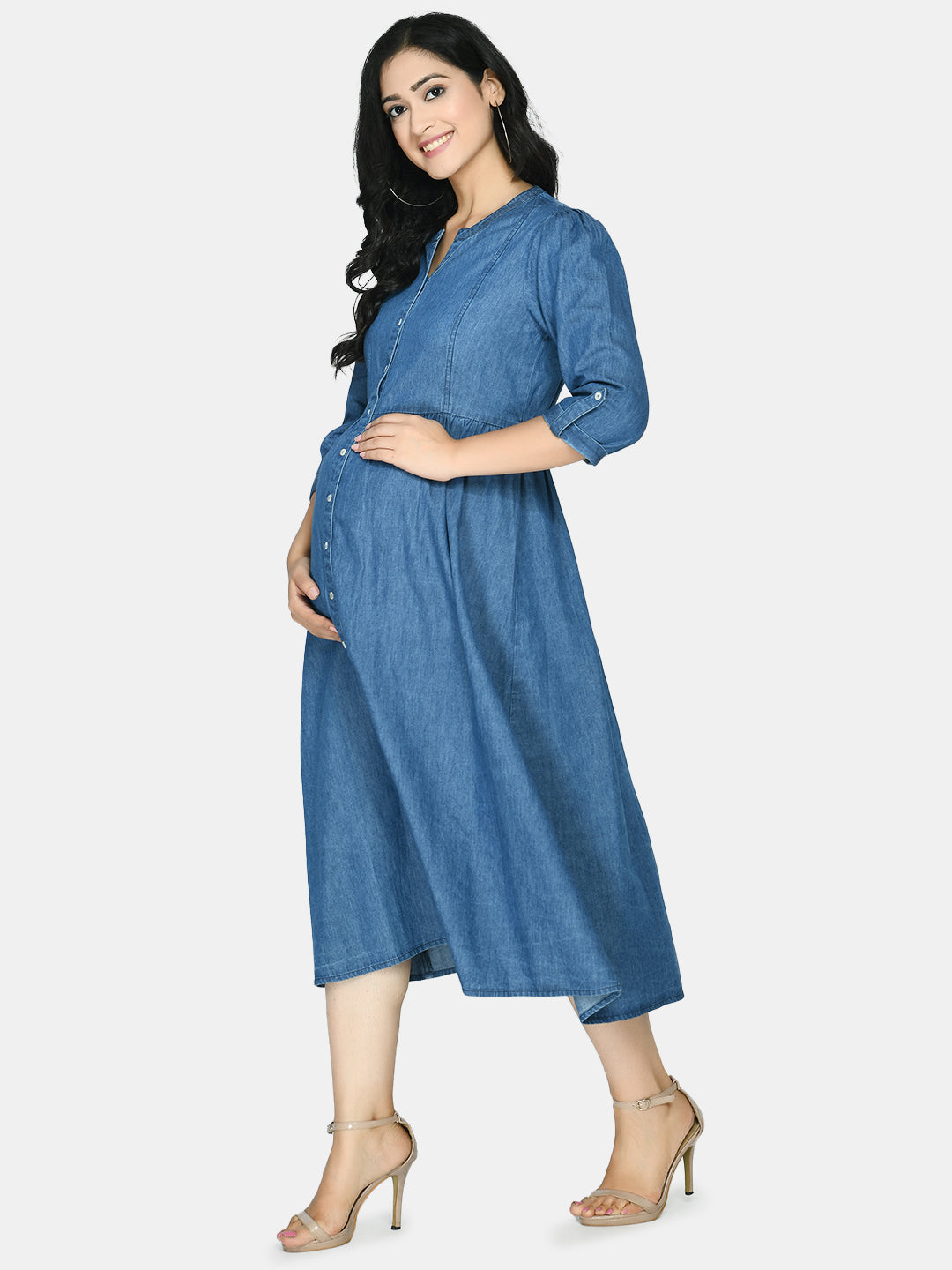 Blue Denim Maternity Shirt Midi Dress