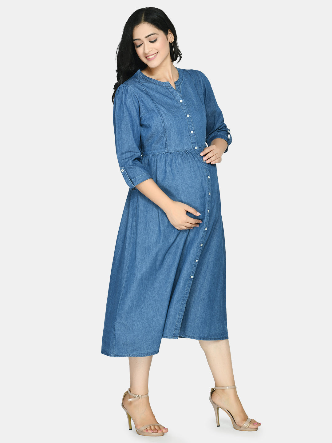 Blue Denim Maternity Shirt Midi Dress