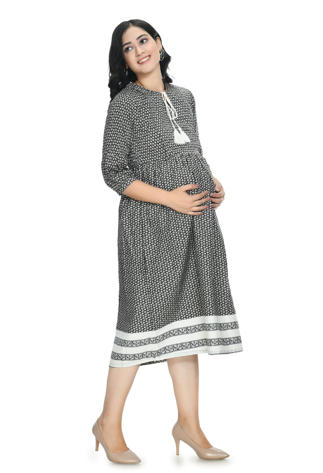 Black Ethnic Motifs Tie-Up Neck Maternity Midi Dress