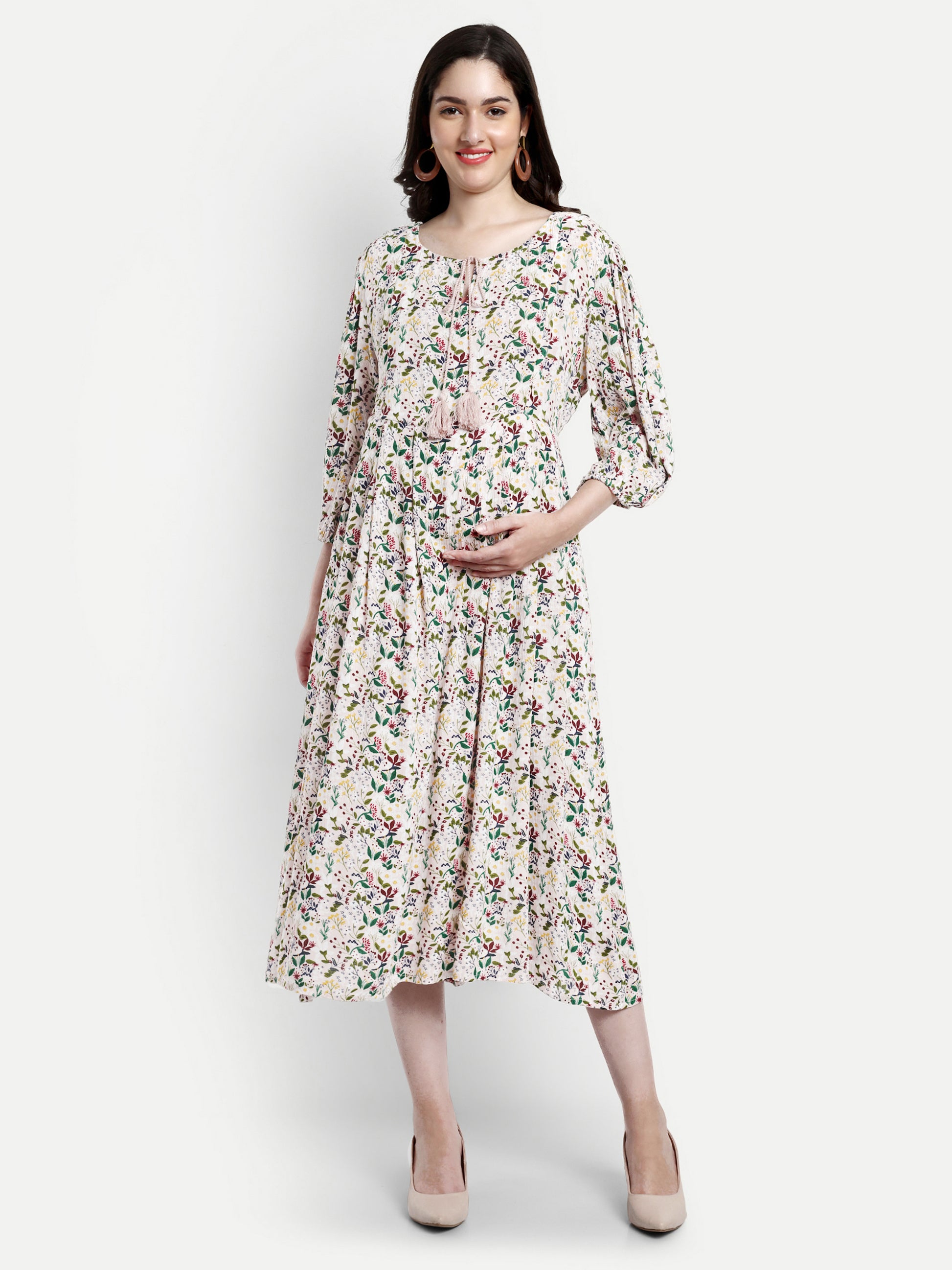 Tie-Up Neck Floral Printed Midi Fit And Flare Maternity Dress Aaruvi Ruchi Verma | All Rights Reserved Tie-Up Neck Floral Printed Midi Fit And Flare Maternity Dress Aaruvi Ruchi Verma | All Rights Reserved
