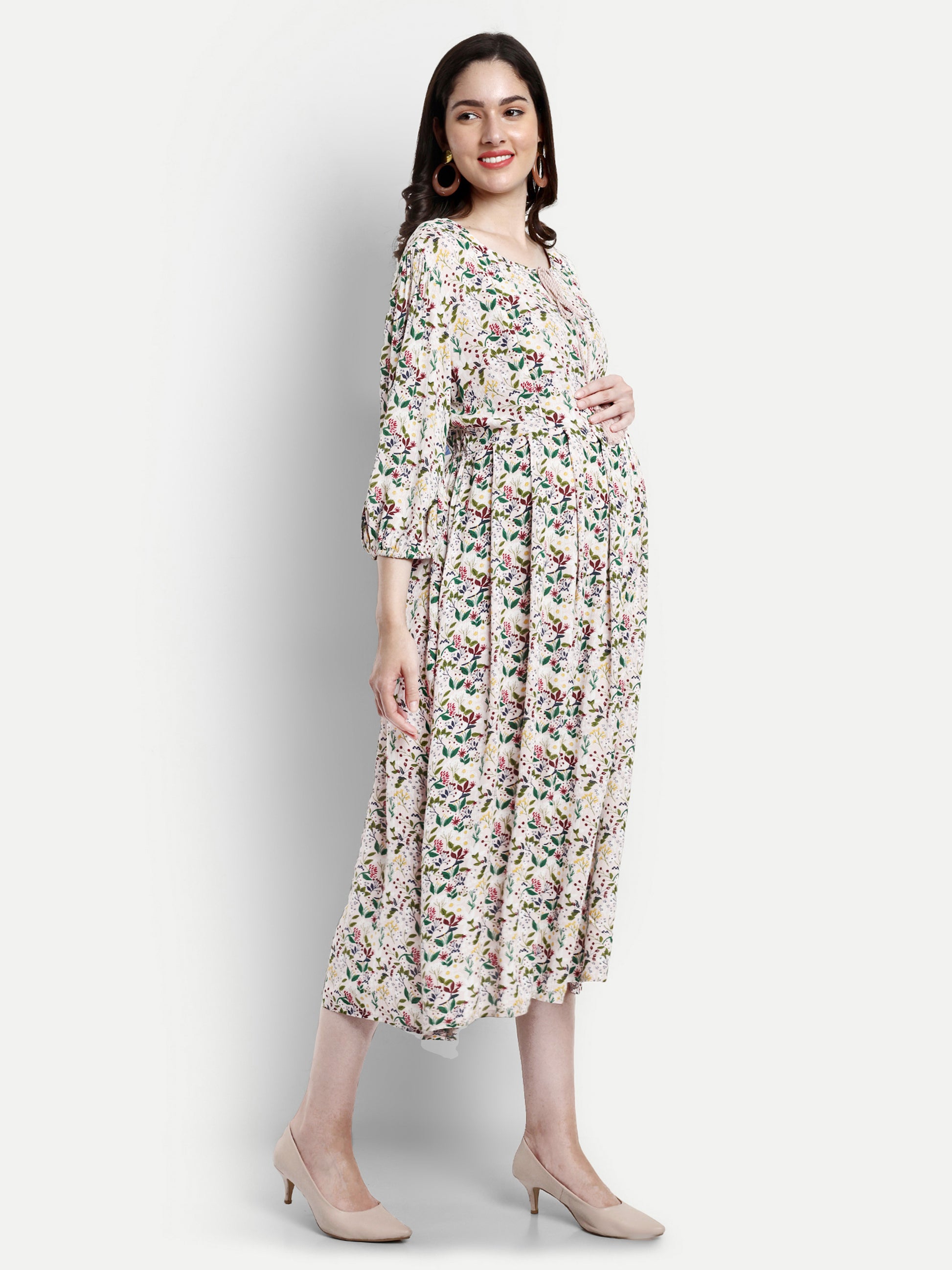  Floral Printed Midi Fit And Flare Maternity Dress