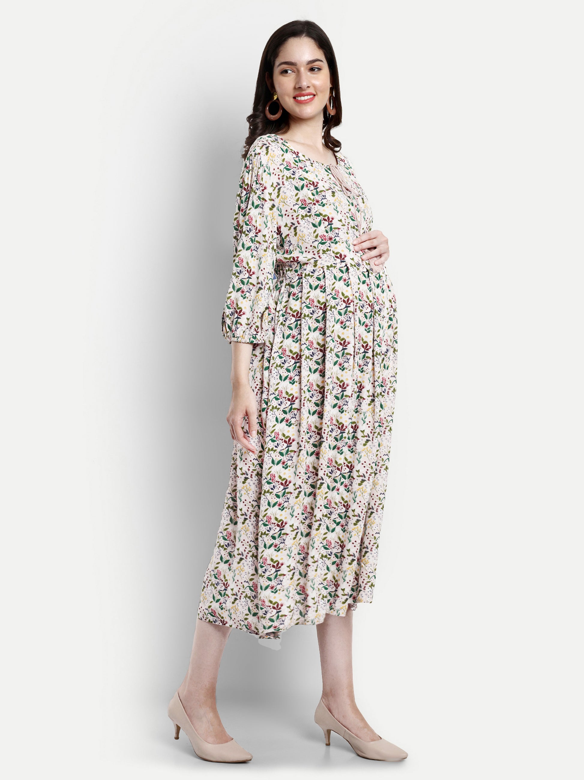 Tie-Up Neck Floral Printed Midi Fit And Flare Maternity Dress Aaruvi Ruchi Verma | All Rights Reserved Tie-Up Neck Floral Printed Midi Fit And Flare Maternity Dress Aaruvi Ruchi Verma | All Rights Reserved