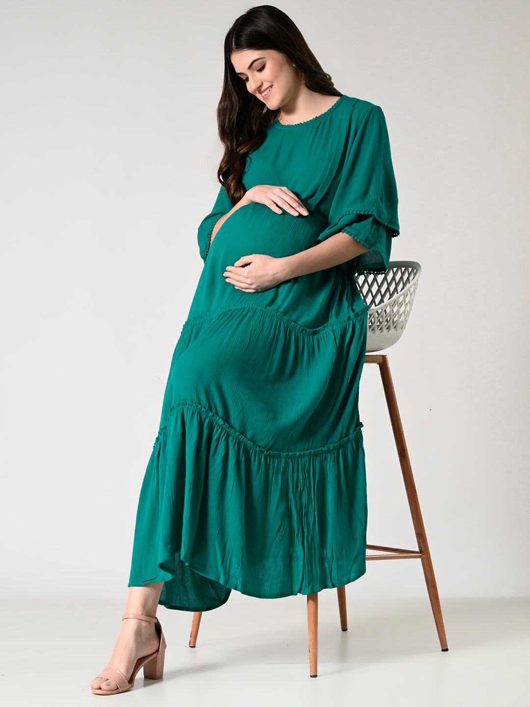 Women Maternity Tiered Flared Sleeves Fit and Flare Dress