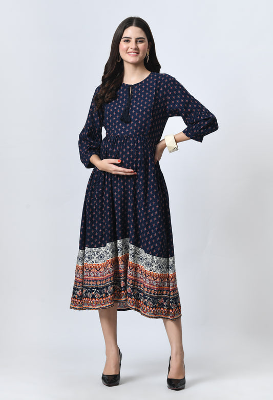 Ethnic Motifs Print Maternity Fit & Flare Midi Dress