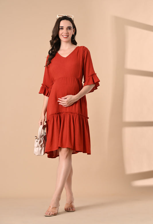 Rust Red Solid Maternity Fit and Flare Dress