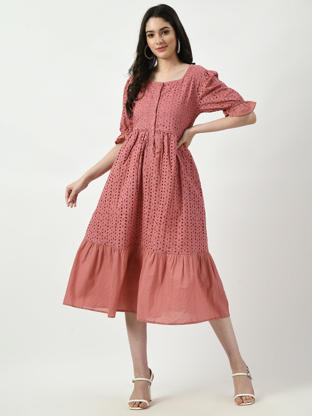 Self Design Gathered Tiered Maternity Cotton Fit & Flare Midi Dress