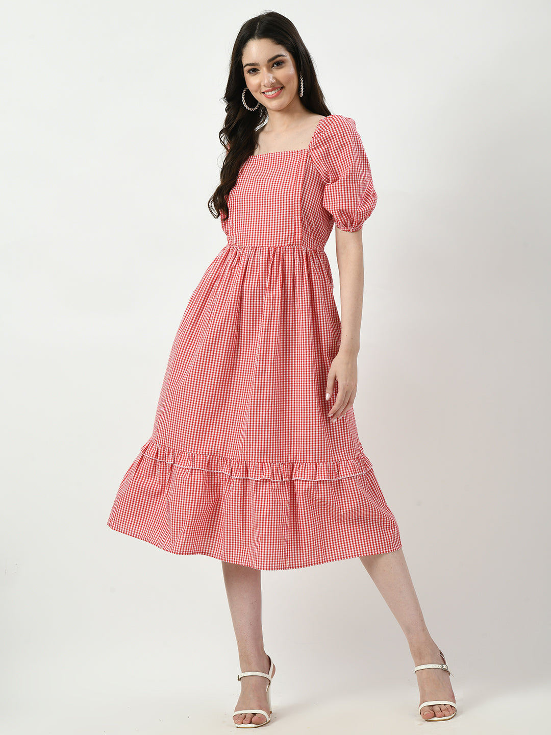 Checked Square Neck Puff Sleeves Maternity Fit Midi Dress
