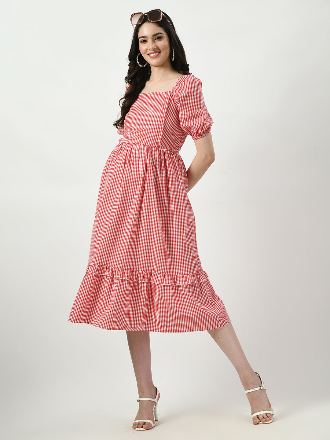 Checked Square Neck Puff Sleeves Maternity Dress