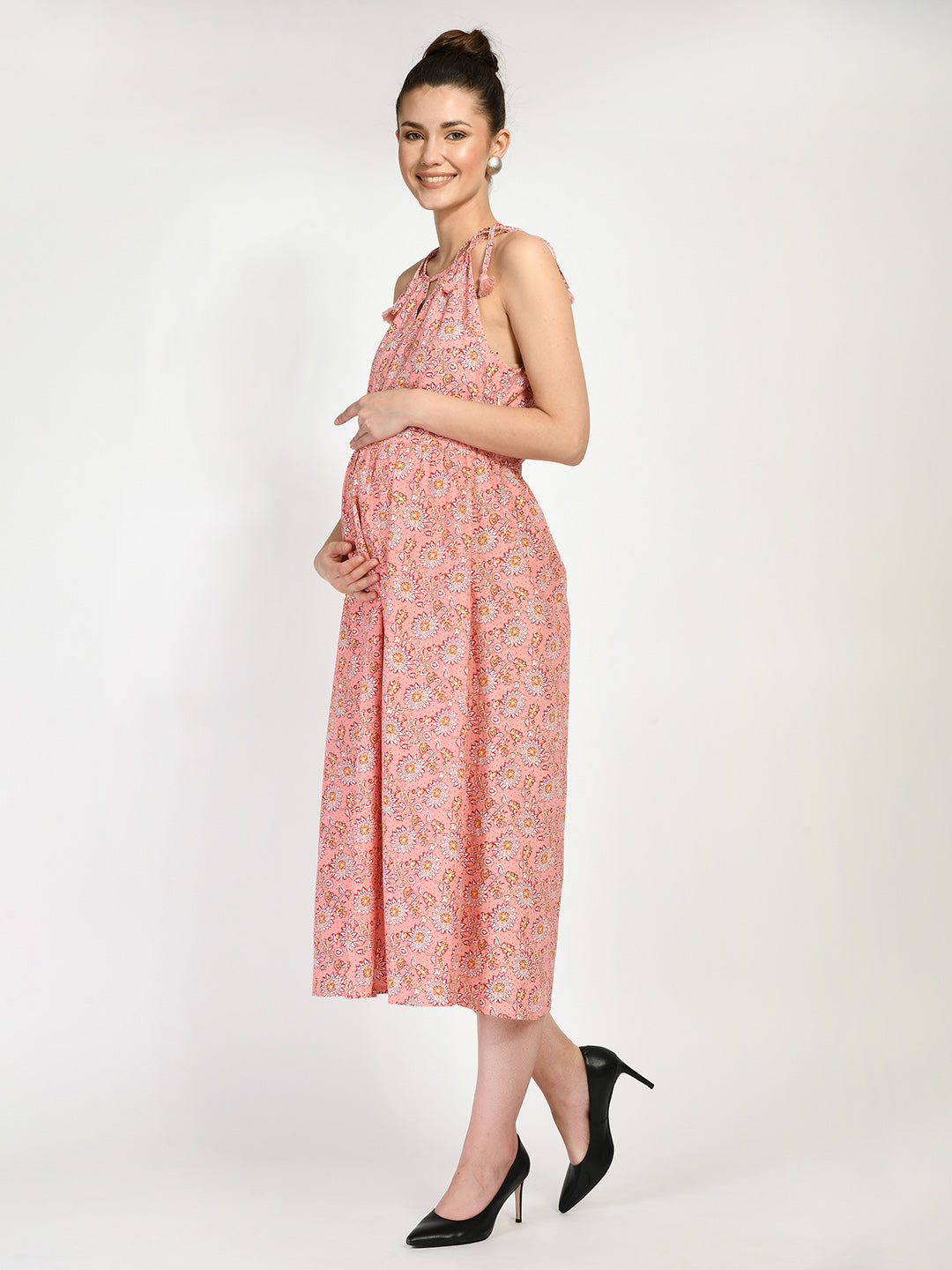 Women Pink Floral A-Line Maternity Midi Dress