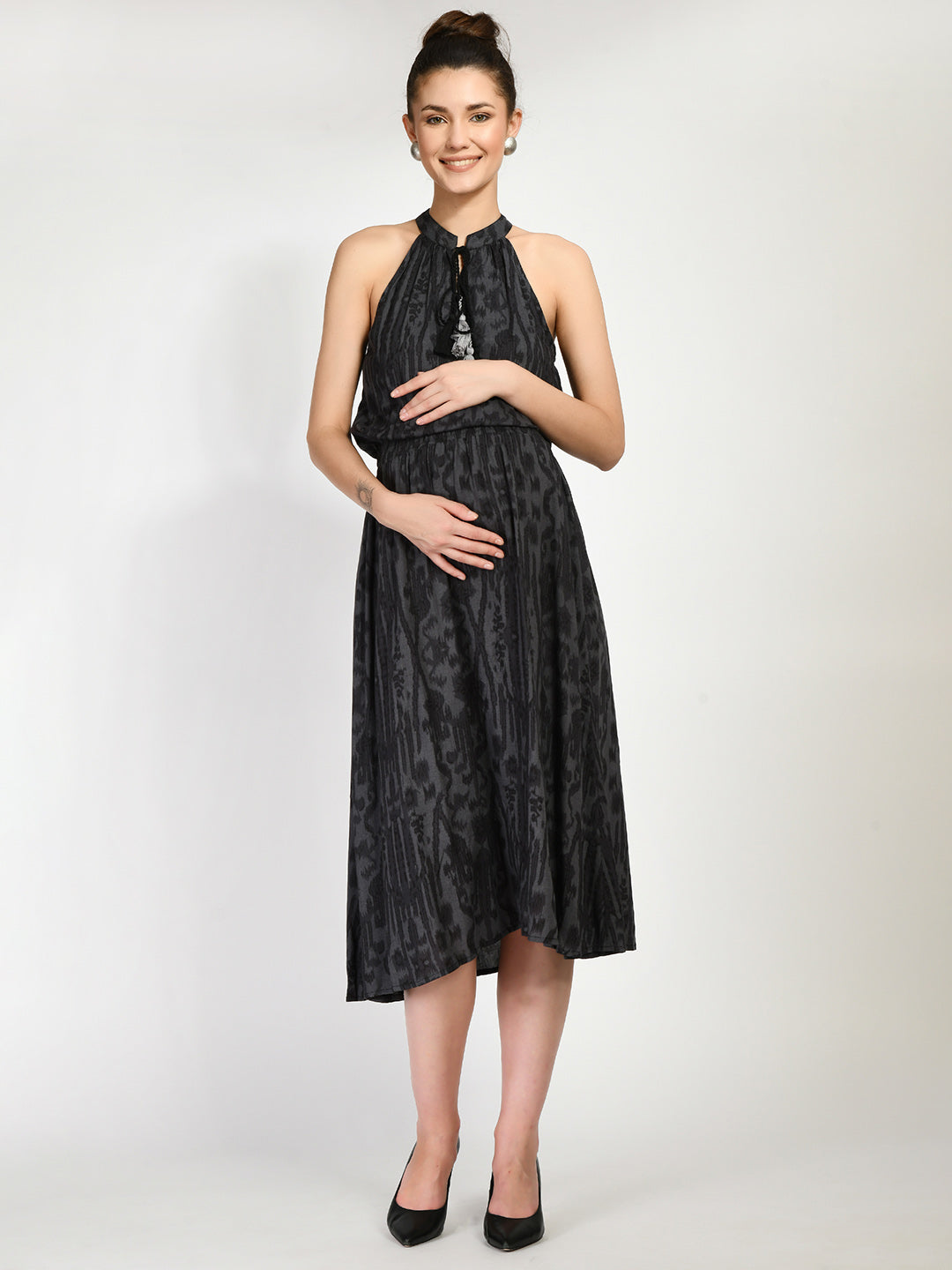 Women Black Floral Maternity Midi Dress
