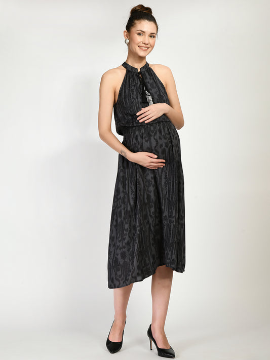 Women Black Floral Maternity Midi Dress