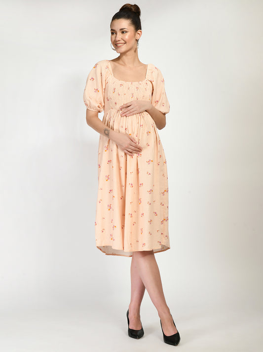 Women Peach-Coloured Floral Maternity Dress