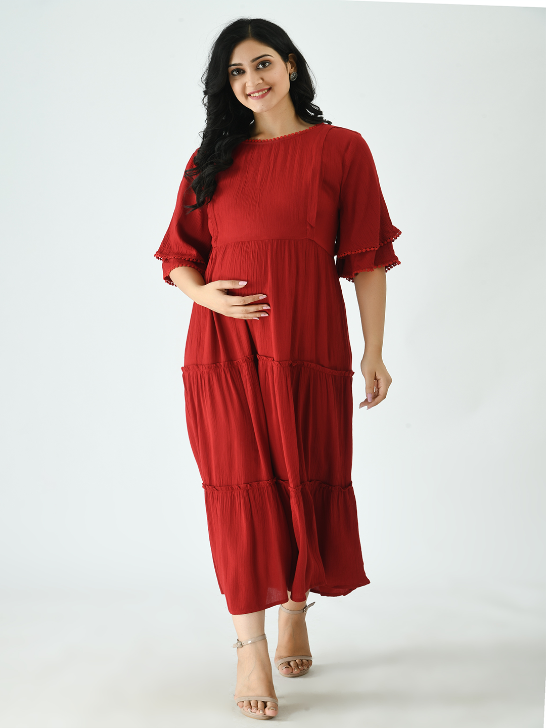 Aaruvi Ruchi Verma Women Red Maternity Tiered Maxi Dress