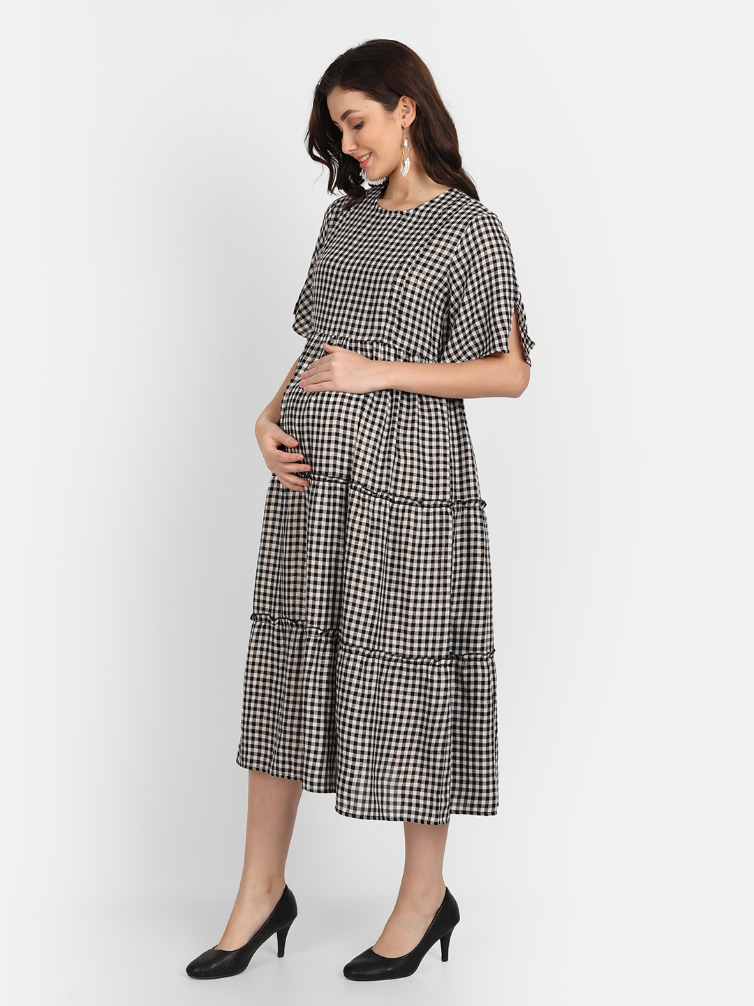 Black Checked A-Line Maternity Midi Dress